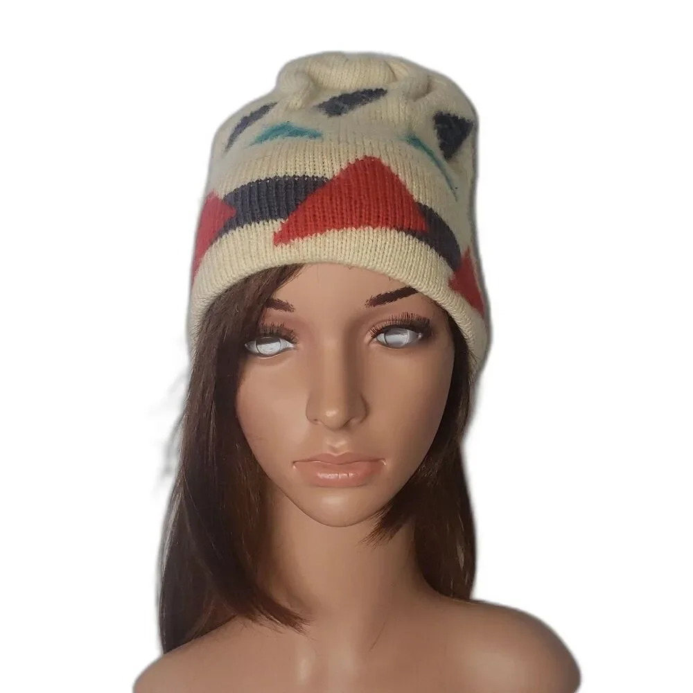 Vermont Needlecrafts Vintage Winter Wool Beanie Hat Ivory with Geometric Print